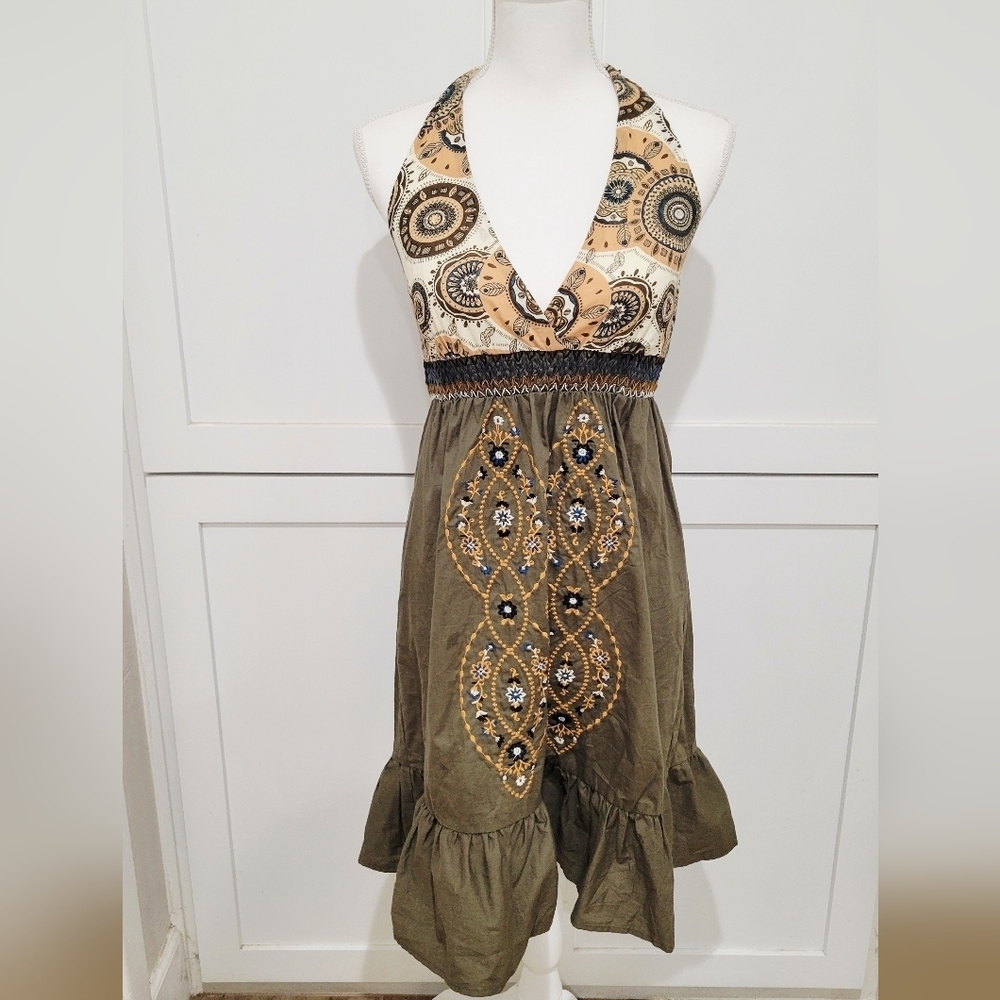 Boho Halter Embroidered Cotton Sundress in Olive Green and Cream | Size Medium